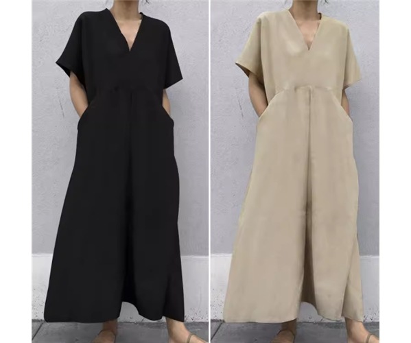 レディース ワンピース プルオーバー ロング マキシ 半袖 Vネック Aライン ウエストマーク ポケット ハイウエスト リネン 大人可愛い シンプル カジュアル レトロ ラフ ルーズ ナチュラル