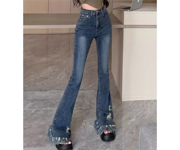 レディース パンツ ボトムス ジーンズ Gパン フルレングス タイト スリム 細身 ブーツカット ウエスタン ハイウエスト ダメージ ウォッシュ デニム ブルーデニム フリンジ かわいい 大人可愛い