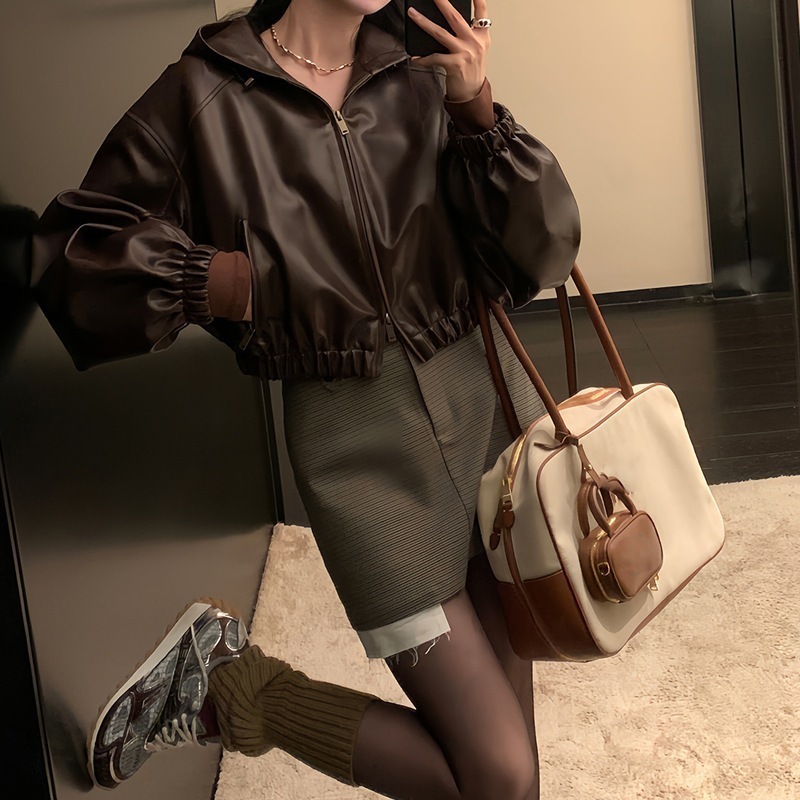 パステルカラーのフードコートレディースアメリカンレトロカジュアルな短機関車ジャケットトップスデザイン感