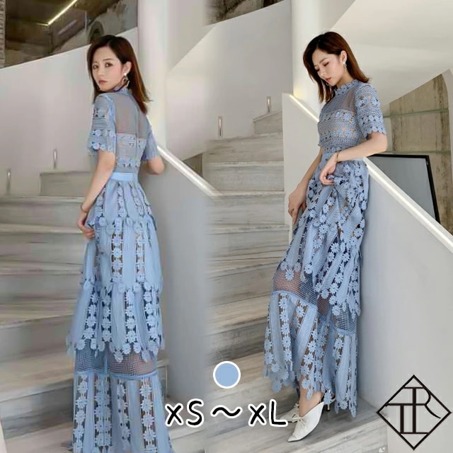 【即納】パーティードレス 結婚式 ドレス ワンピース レディース 二次会 お呼ばれ パーティー 大きいサイズ エレガント フォーマル マキシ丈 半袖 花柄レース 総レース シースルー 透け 綺麗 お洒