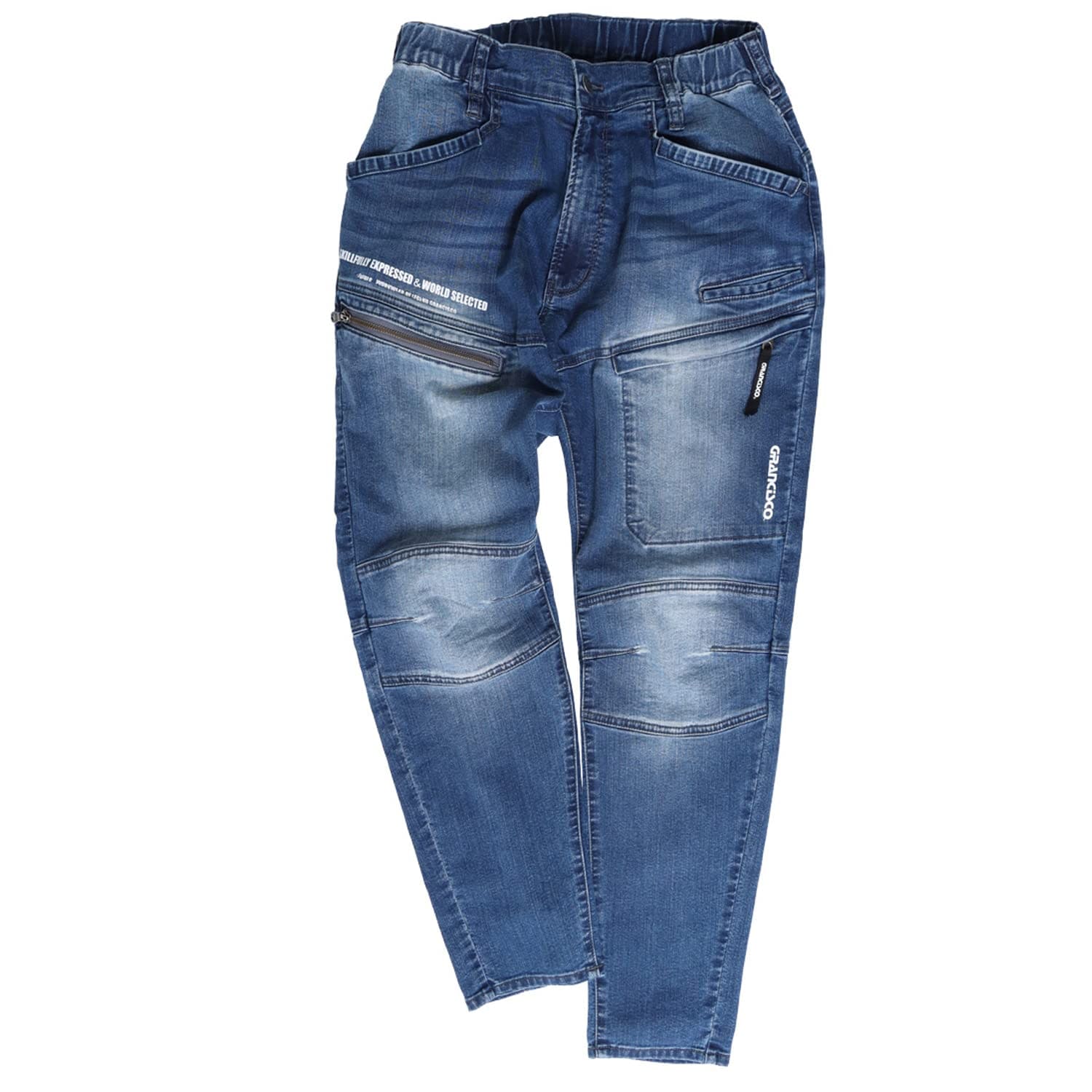 [武蔵野ユニフォーム] TAKAYA カーゴパンツ 作業着 高伸縮 ストレッチデニム グランシスコ オールシーズン ラインデニム エコバッグ付(NB-ナチュラルブルー L