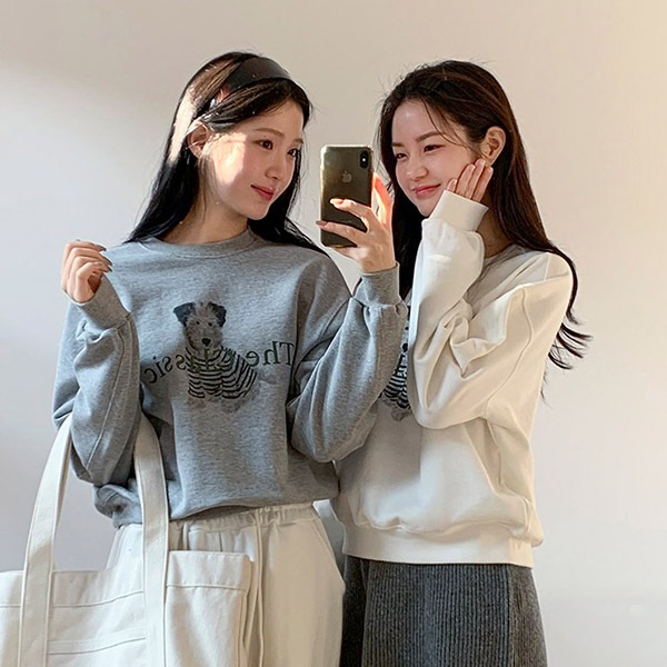 (イージールック/かわいい/モノトーン) クラシックドッグプリントルーズフィットスウェット ts4366