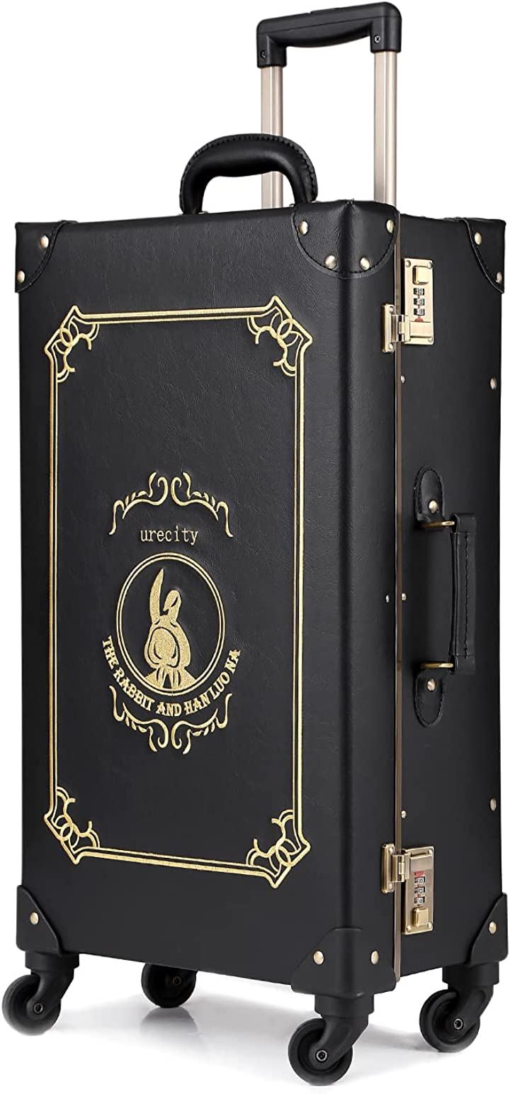 トランクケース キャリーバッグ 革 レトロ おしゃれ かわいい 超軽量 静音四輪 26 59L (金糸刺繍/ブラック, XLサイズ(26))