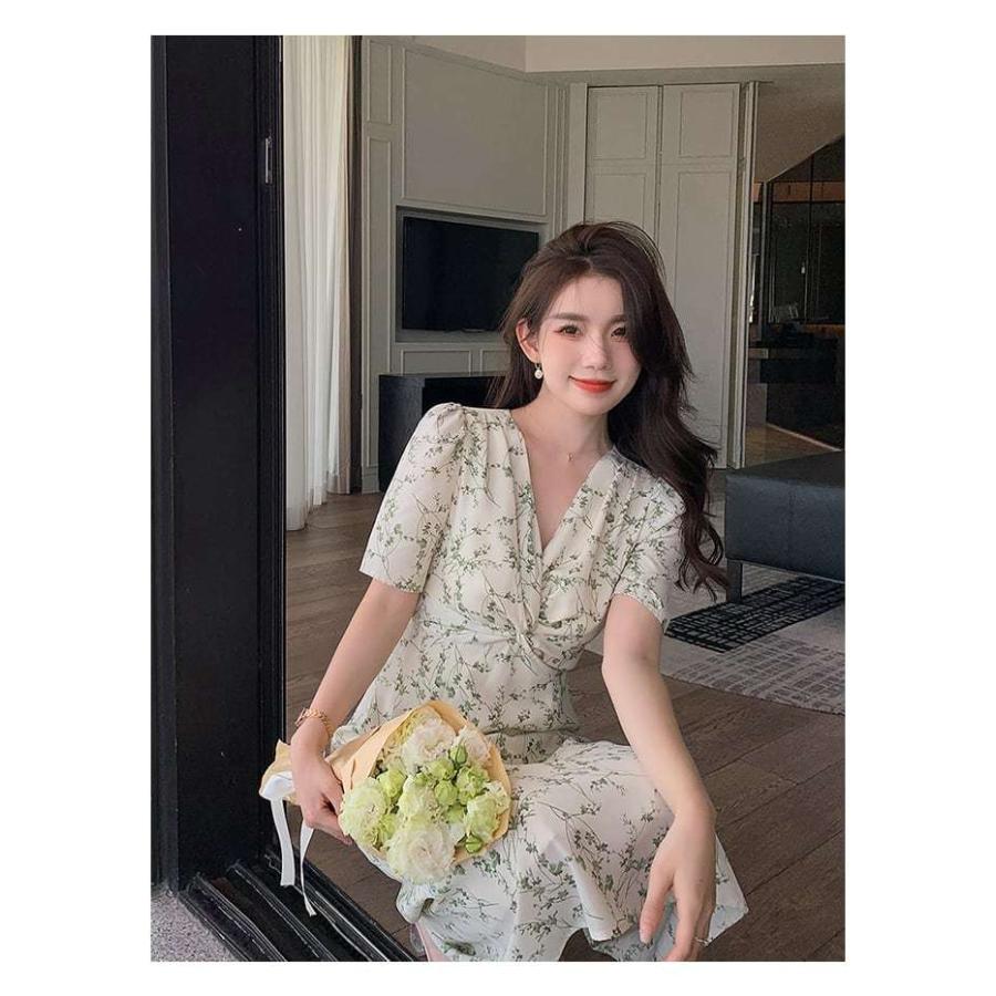 ワンピース 春 夏 ミディ丈 花柄 フローラル レディース 韓国 ドレス ロングワンピース 春秋 フェミニン デート