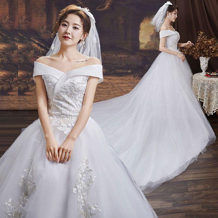 ウェディングドレス ドレス 結婚式 オフショルダー Aライン 花嫁ドレス 二次会 床付きタイプ トレーンタイプ エンパイアドレス フォトウエディング リゾートウエ30%までに制限