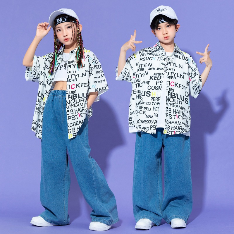 子供向けのヒップホップストリートダンスコスチューム女の子のためのファッショナブルなキャットウォークの子供用シャツsummer For Children r n1001-982白い半袖 r n1002
