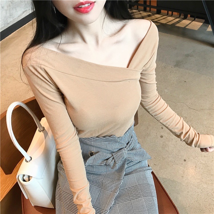 2273.斜めVネックカットソー(ベージュ) 2019 春夏 新作 大人 かわいい カジュアル きれいめ OL 20代 30代 デート服 女子会