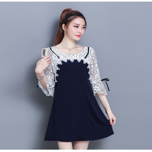 1332．花柄レースフレアスリーブワンピース（ブラック）　大人 かわいい カジュアル　女子会　上品