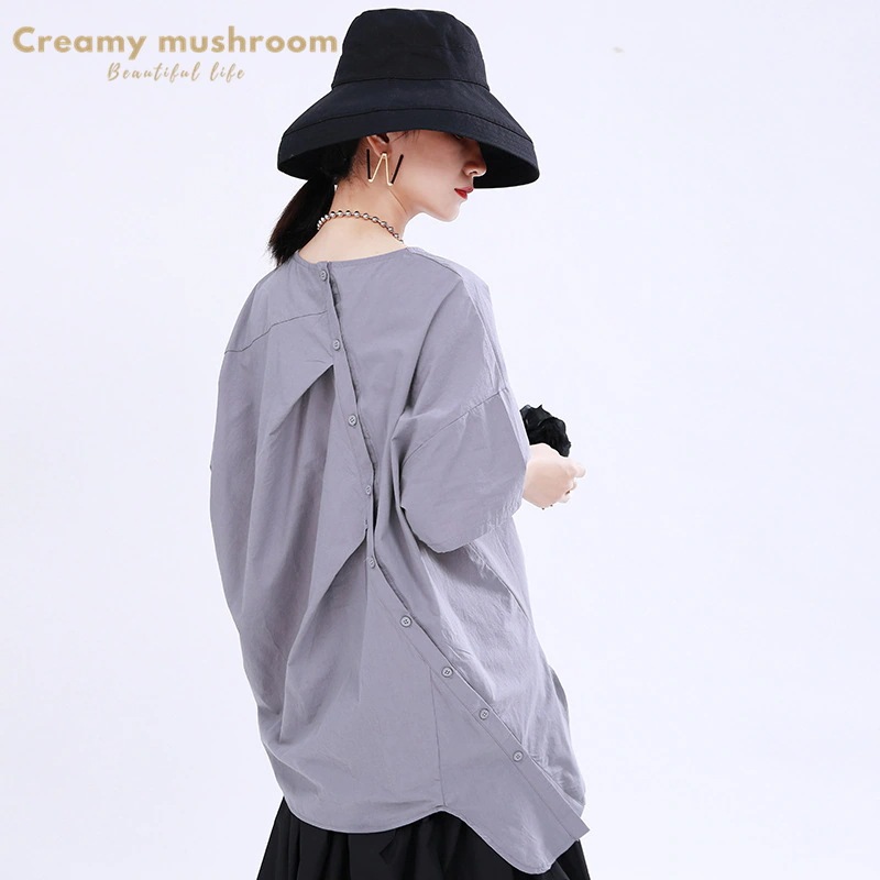 不規則なボタン　リバージブルトップス　　レイジースタイル　コットン　クラシック　短い袖　シャツ　女性