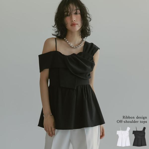 リボンデザインオフショルフレアトップス[mb]