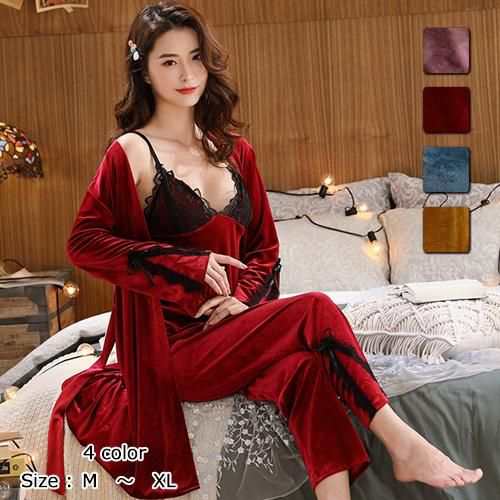 【グラシア】 ルームウェア モコモコ パジャマ 部屋着 ガウン キャミ ベロア ラグジュアリー ロング 胸元 大人 レース ブルー パープル イエロー レッド M L XL 4,698円