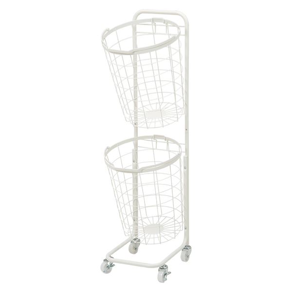 ２段 ランドリーラック[ホワイト/バスケットタイプ/丸型]洗濯カゴ キャスター付き 白