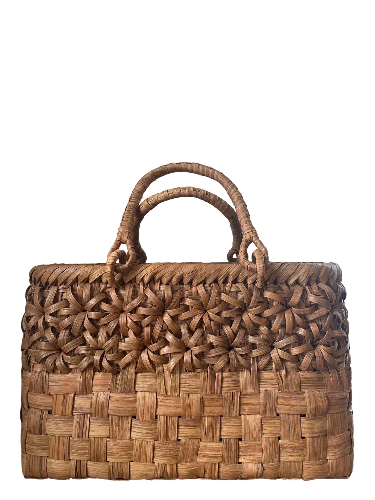 山葡萄 山葡萄かごバッグ 手作り カゴバッグ 内布付き 市松編み立体花編み 幅約32cm×縦約20cm×マチ約13cm