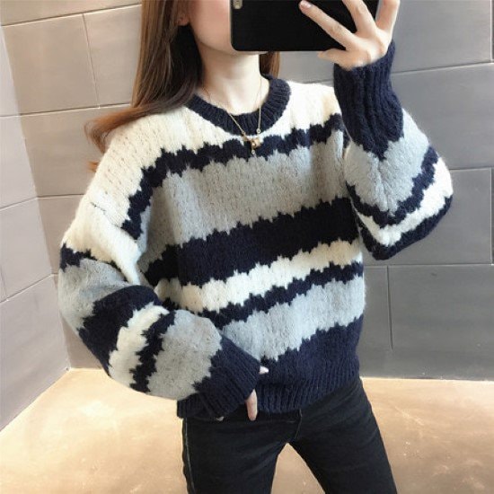 ニットセーター レディース ニットトップス ニット セーター トップス 長袖 ラウンドネック プルオーバー ボーダー 配色 カジュアル お出かけ おしゃれ 春秋 ルーズ ニットセーター 女性