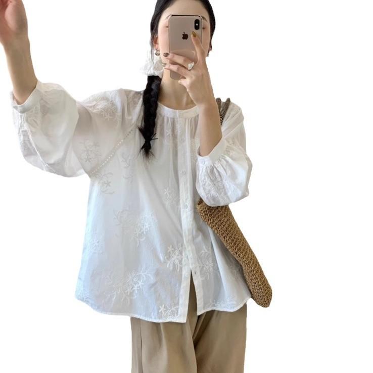ボリューム袖 ブラウス レディース 春夏 ヨーロピアン 薄手 トップス シャツ 長袖 パフスリーブ ラウンドネック 刺繍 レース シンプル カジュアル 白