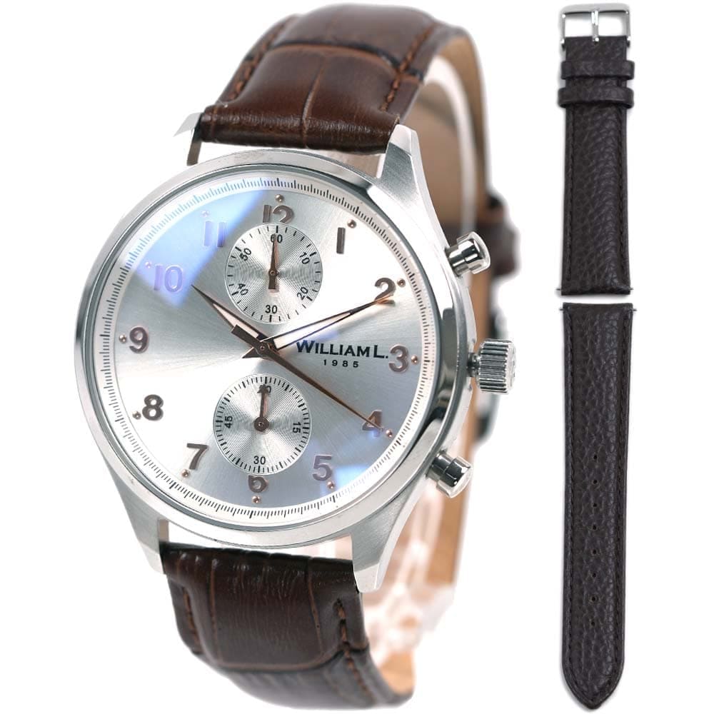 ウィリアム エル 1985 腕時計 交換ベルト 替えベルトセット クロノグラフ レザー 本革型押し ブラウン シルバー WLAC02GOCM X WLSBMSS20 Set WILLIAM L.198