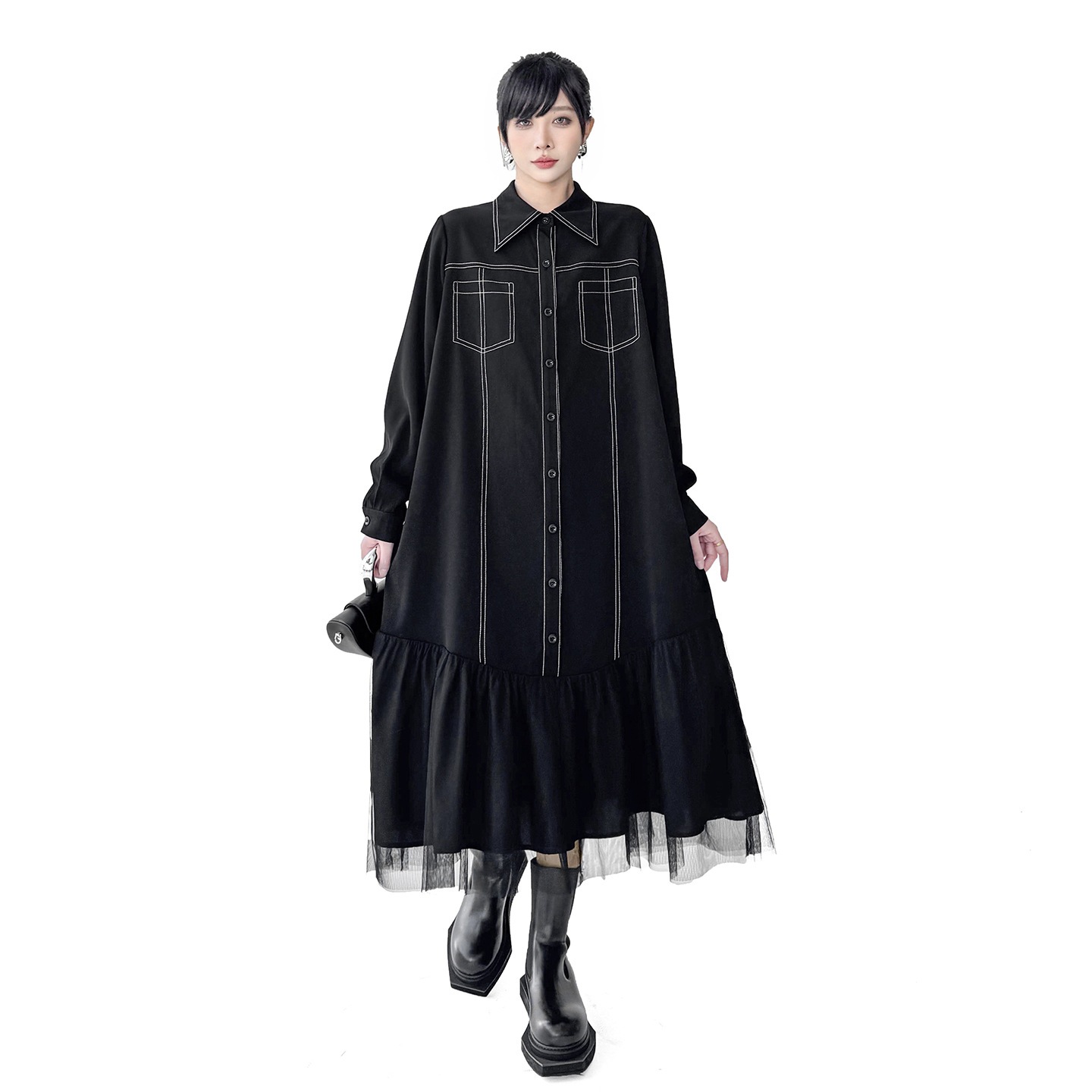 【Noir Mode】 冬 切り替え チュール シャツワンピース デザイン性 ブラックコーデ 大きいサイズ レディース 体型カバー ロング ワンピース