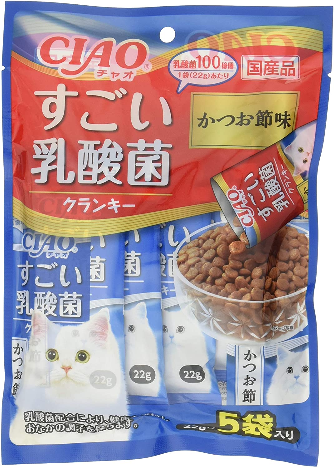 【日本製】 チャオ (CIAO) キャットフード すごい乳酸菌クランキー かつお節味 22g5袋6個セット キャットフード