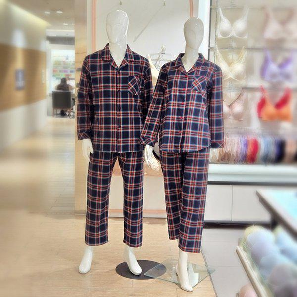純綿チェック柄 男女カップルパジャマ MP8880A-NAVY WP8880A-NAVY