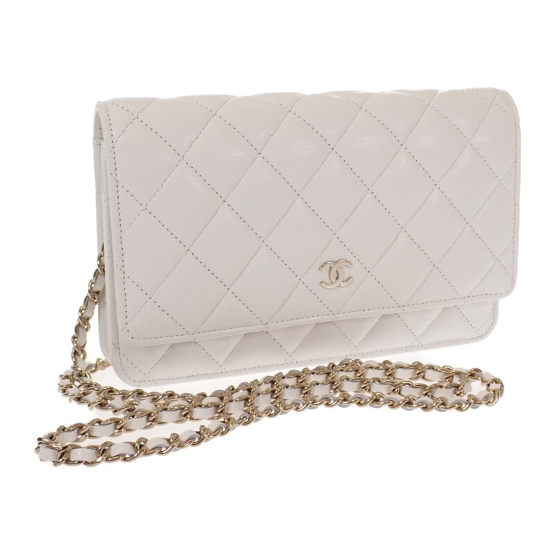 クラシック チェーンウォレット AP0250 ショルダーバッグ ホワイト ゴールド金具 レディース【Aランク】