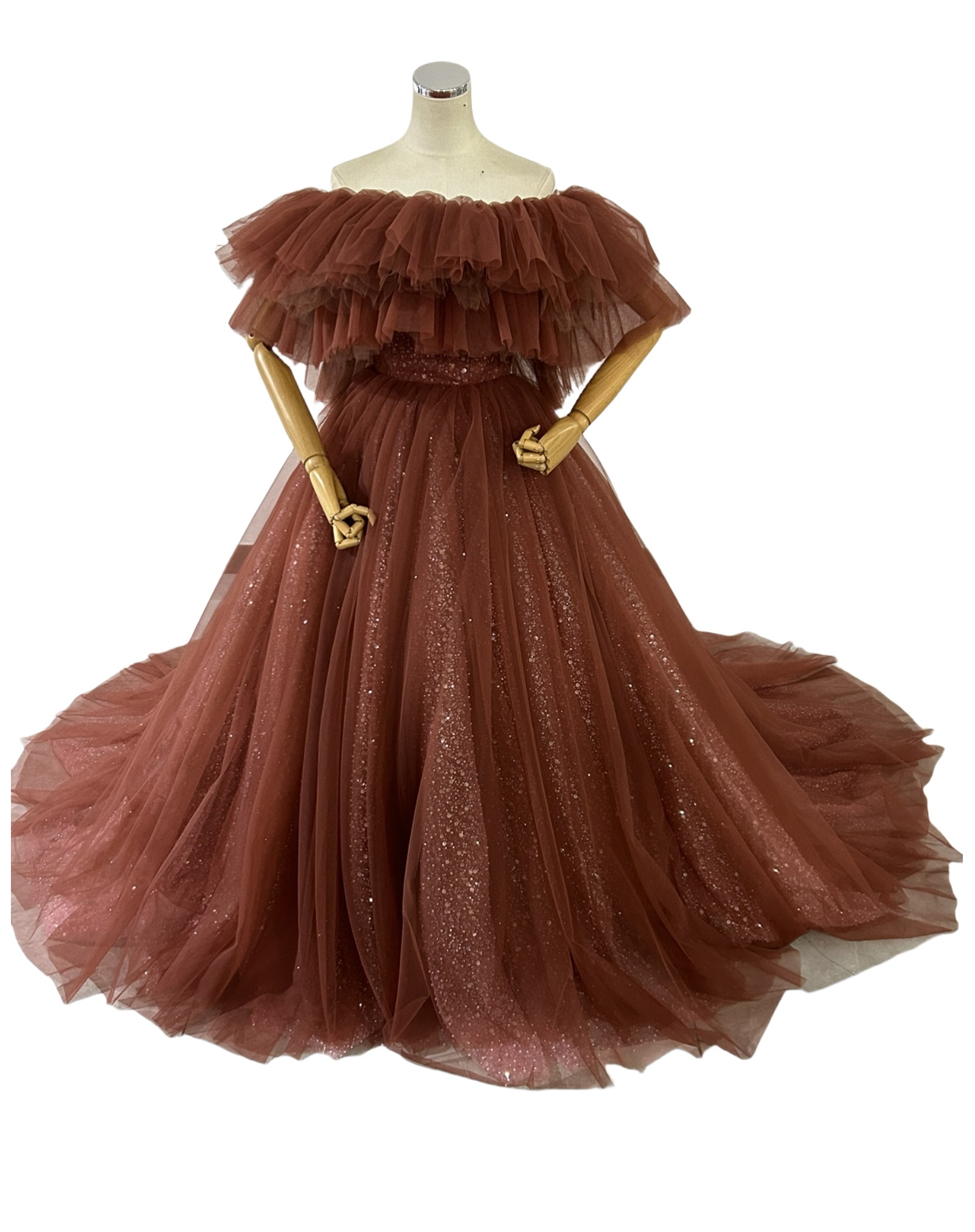 豪華！カラードレス ワインレッド オフショルダー キラキラチュール ふわふわドレス 披露宴