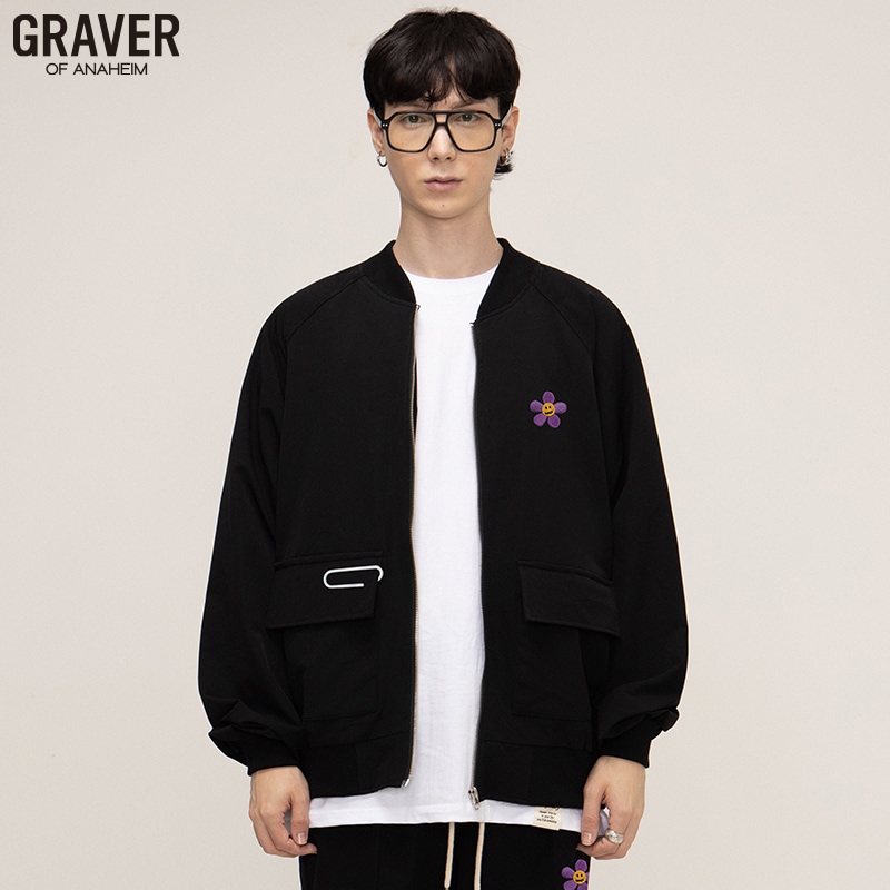 [UNISEX]ジッパーレジックパープルフラワー MA-1航空ジャケット_black