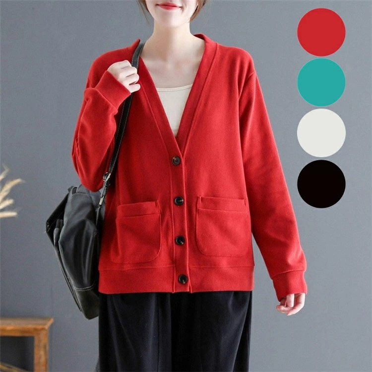 綿 ジャケット 秋 カーディガン レディース ノーカラージャケット カーデ 長袖 Vネック ショート丈 トップス コーデ ポケット カジュアル オフホワイト 黒 グリーン レッド 20代 30代 4