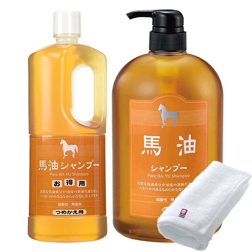 正規販売代理店 定価より10%OFF 馬油シャンプー ポンプボトル & 詰め替え用 各1000ml 今治タオル付き 馬油 バユ バーユ シャンプー バユシャンプー 詰替え 大容量 セット 旅美人
