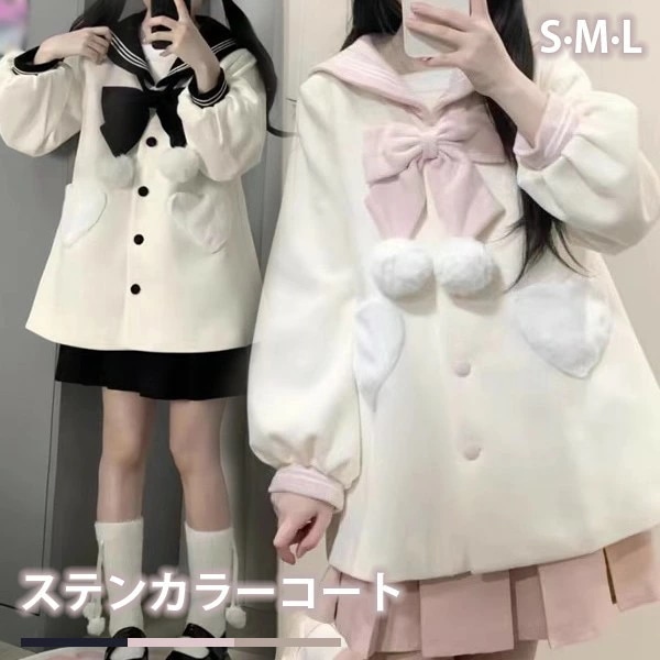 ステンカラーコート セーラーコート ロリータ 冬服 リボン レディース ジャケット ショートコート コート ロリータコート ロリータアウター トップス アウター 小柄 学生 通学 通勤 女の子 長袖