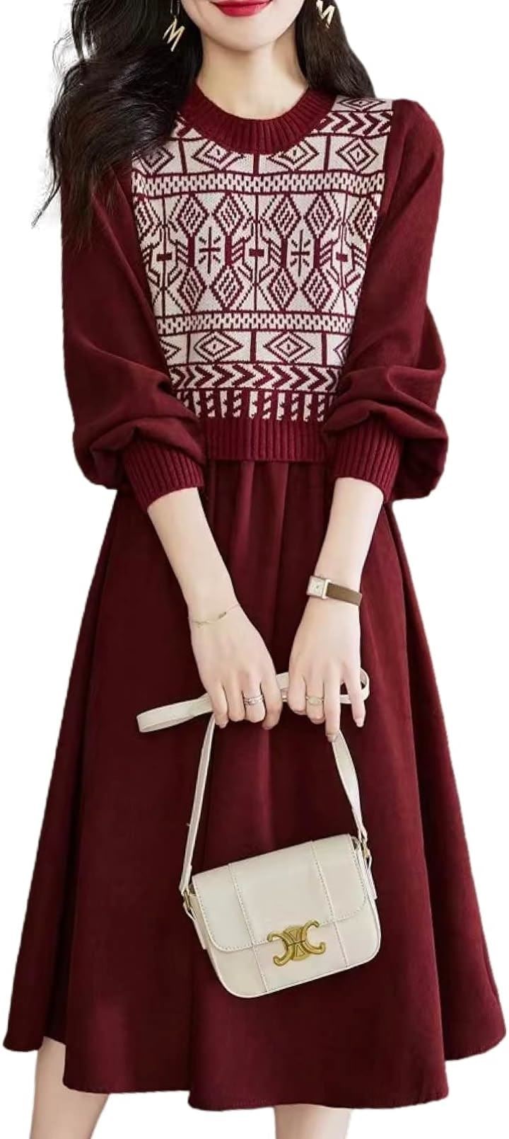 ワンピース ドッキングニットワンピース パフスリーブ 膝丈 長袖 レディース( レッド, Free Size)