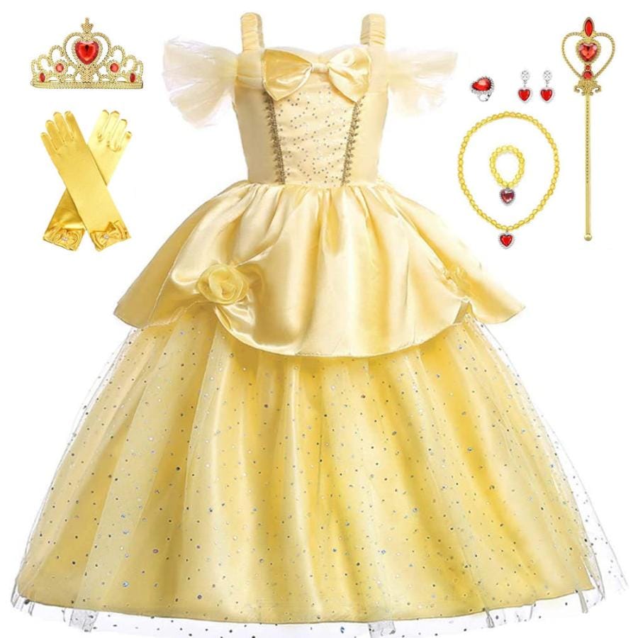 [即纳]新作先行発売ベル ドレス 子供 コスプレ 衣装 美女と野獣 豪華８点 セット ドレス 手袋 ティアラ ステッキ ネックレス イヤリング ブレスレット 指輪 100 110 120 130 14 6,504円
