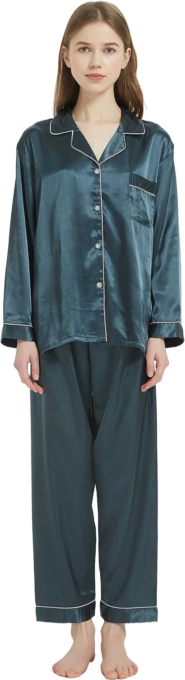 レディース パジャマ 上下セット ルームウェア 部屋着 長袖 前開き( ダークグリーン, L)