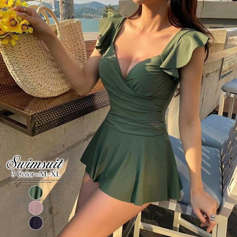 【急速出荷!】い-水着 紫外線防止対策 水着セット 水着インナー ワンピース水着 カシュクール ななめ巻き アシンメトリー シースルー グリーン 黒 ピンク ショーツ一体型