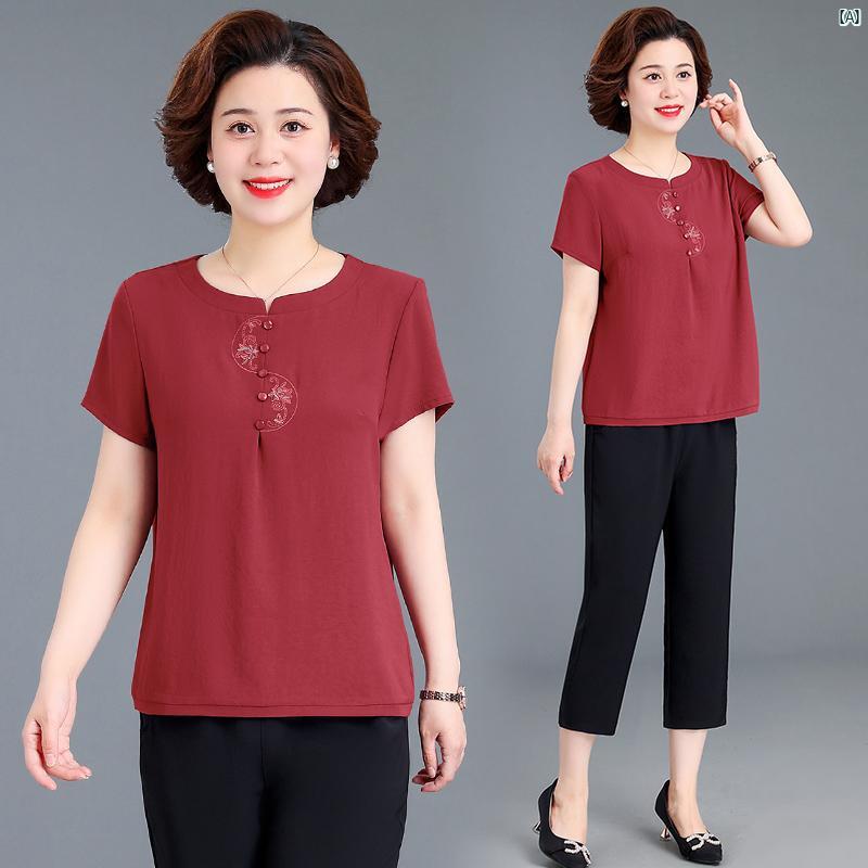 ママ サマー スーツ スタイリッシュ 大きめ サイズレディース 半袖 Tシャツ トップおばあちゃん 2点セット 4,956円