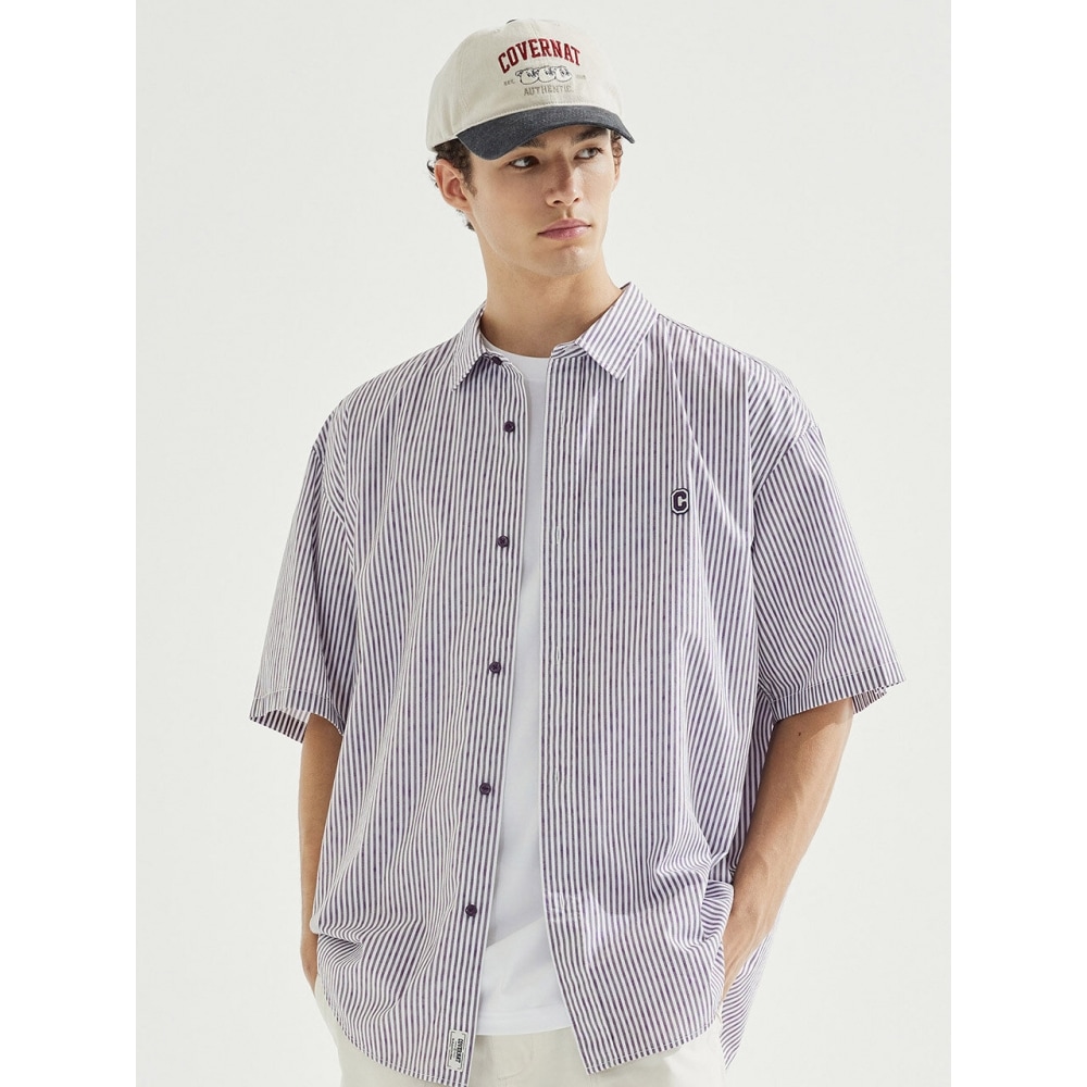 COVERNAT 24SS ドローイングストライプハーフシャツパープル