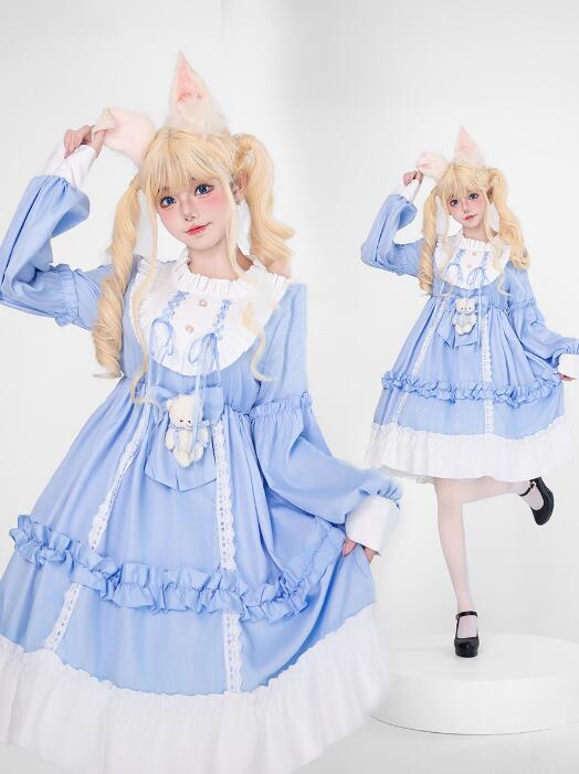 可愛い ロリータワンピース 膝丈 長袖 ロリータ服 女性 ハロウィン コスプレ衣装 熊リボン付き スカラップ ドレス 学園祭 文化祭 イベント 撮影衣装 コスチューム ブルー