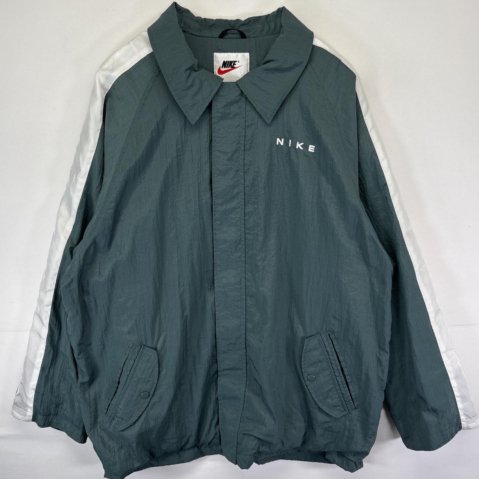 古着 90s/90年代 ナイロンジャケット ワンポイントロゴ刺繍 大きいサイズ バックロゴ コーチジャケット ツートンカラー XXL グリーン系 メンズ