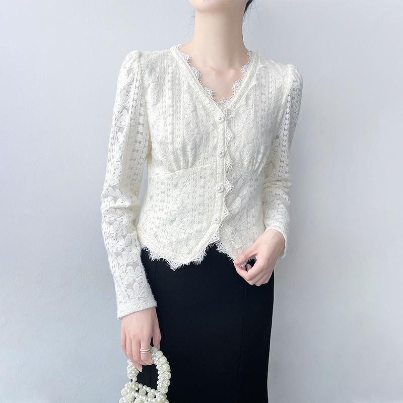 シャツ トップス 秋冬 レディース Vネック 花柄 レース レーシー カーディガン 暖かい 着痩せ パフスリーブ シンプル 上品 エレガント
