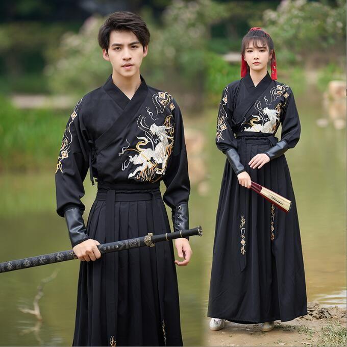 大人用漢服 中華服 チャイナ風コスプレ衣装 メンズ レディース ユニセックス チャイナ服 黒に龍刺繍 エスニック柄 長袖 交差 袴風 上下衣装セット 華流 中国古代