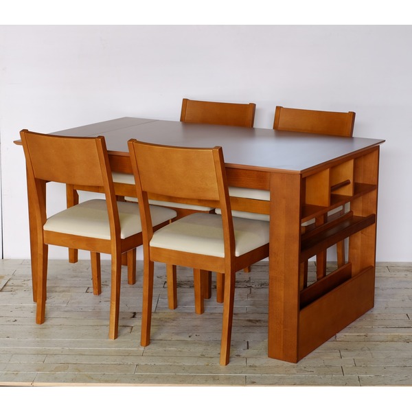 伸長式ダイニング6点セット（テーブルx1チェアー4ベンチx1）ブラウン BR 組立式