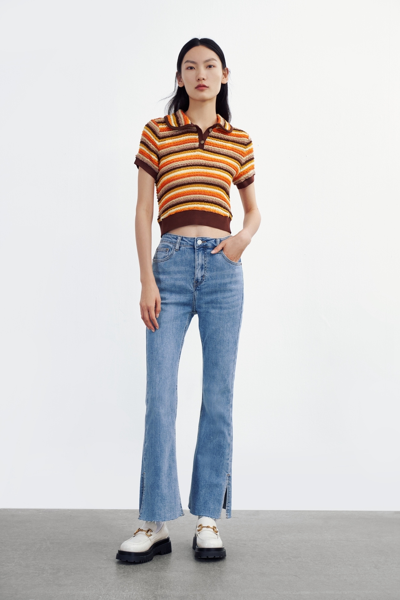 春 夏 レディース カジュアル レトロ スタイル ストライプ ポロ襟半袖 T シャツ ダークオレンジ XS S M ｌ ＸＬ トップス シャツ 袖あり 半袖 かわいい 大人可愛い きれいめ シンプル