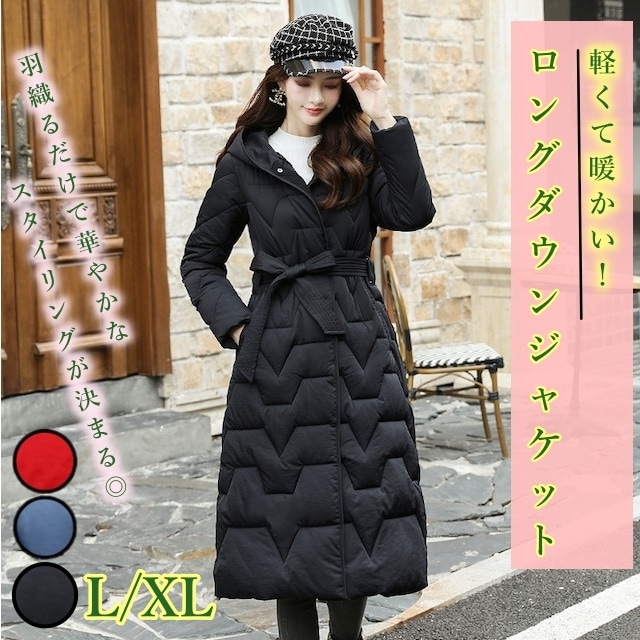 コート パデッド レディース ジャケット ダウン風 中綿入り アウター フード付き リボンベルト ウエストマーク ミモレ丈 ロング 膝下 ジグザグステッチ シンプル カジュアル きれいめ 大人可愛い