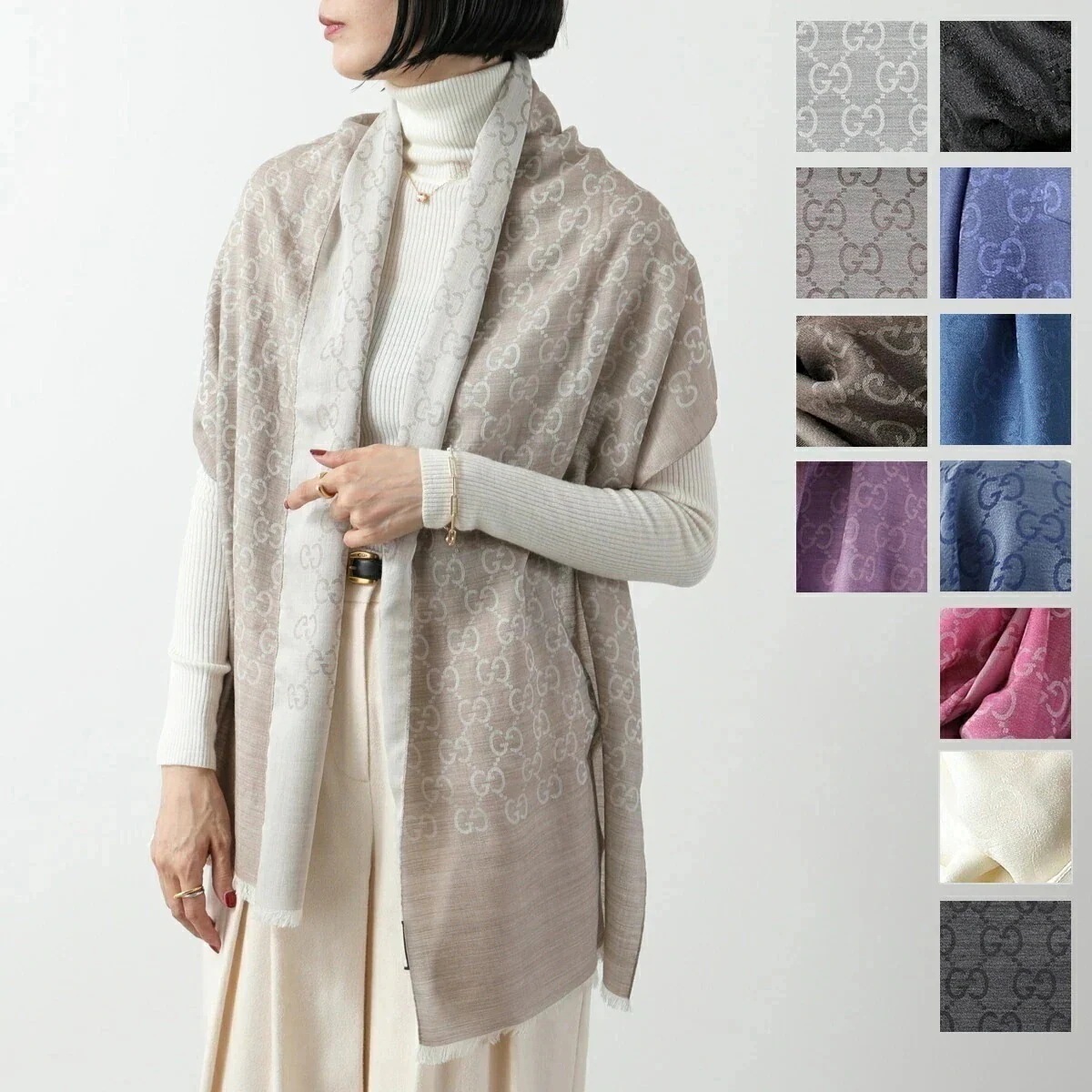 GUCCI グッチ ストール 165904 3G646 レディース スカーフ シルク混ウール ジャガード GGロゴ フリンジ カラー12色