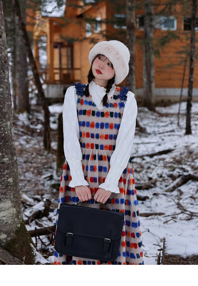 大きいサイズ 婦人服 スイート ミルク アプリコット ウェーブ ポイント Vネック サスペンダー スカート 個性的 ワンピース ロング ロング丈 袖あり 長袖 襟なし 大人可愛い おしゃれ お洒落