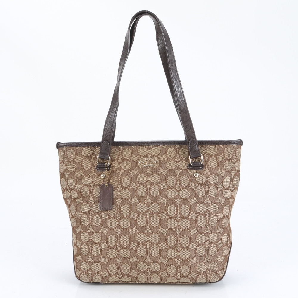 美品 シグネチャー F55364 レザー×キャンバス トート バッグ 肩掛け ショルダー ハンド レディース RUE CO9-1 中古