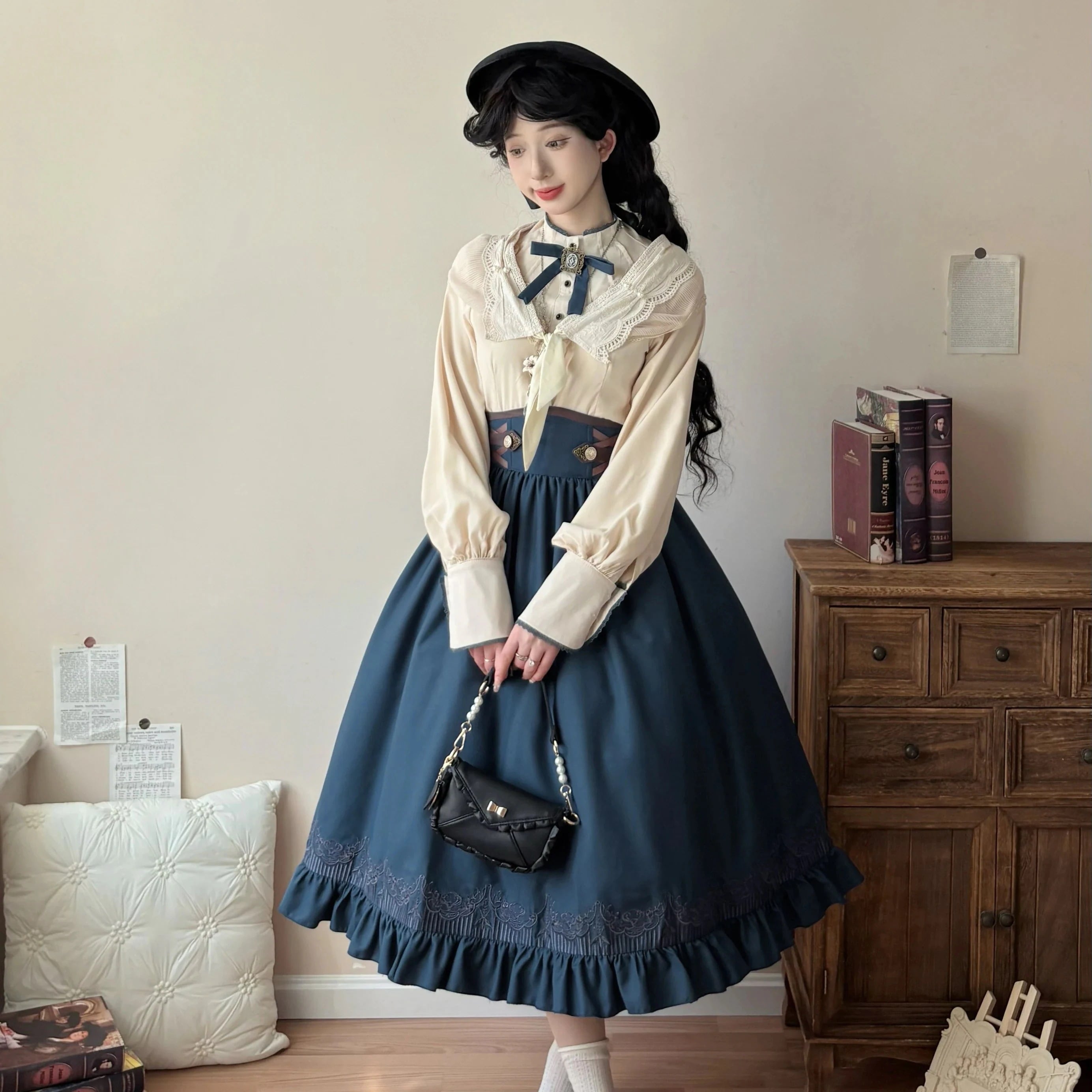 【フルセット】青い夢lolitaシャツハーフスカート大きいスカートロリータフレンチ