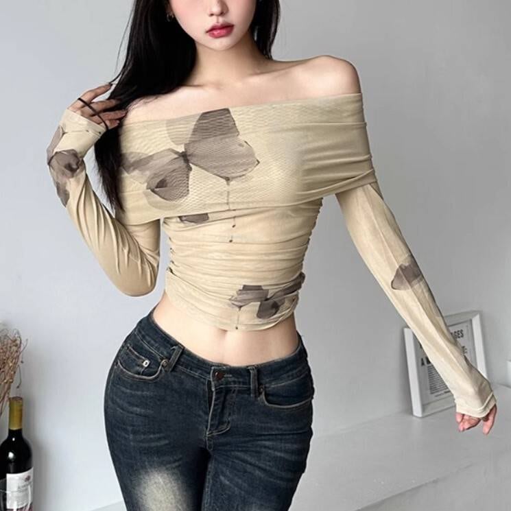 クロップドトップス レディース トップス カットソー Tシャツ ウエストシェイプ ショート へそ出し 長袖 萌袖 オフショルダー 襟付き オフショルダーラップ 肩出し 鎖骨見せ タイト スリム 細身