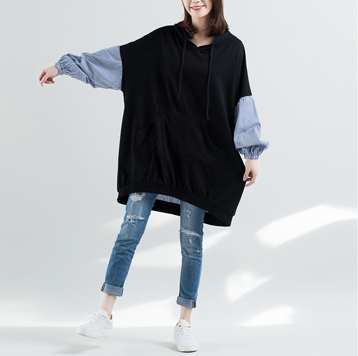 異素材ミックス カジュアルトップス フード付きトレーナー ストライプ柄 オーバーサイズトップス トップス プルオーバー トレーナー フーディー ビッグT ロング ロング丈 袖あり 長袖 ボリューム袖