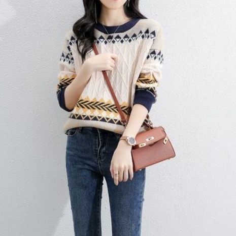 柄入り長袖ニット トップス ニット 長袖 Uネック ストレートデザイン 暖かい ほっこり 可愛い きれいめ シンプル カジュアル 上品 おしゃれ かっこいい レトロ アジアン 可愛い こなれ感