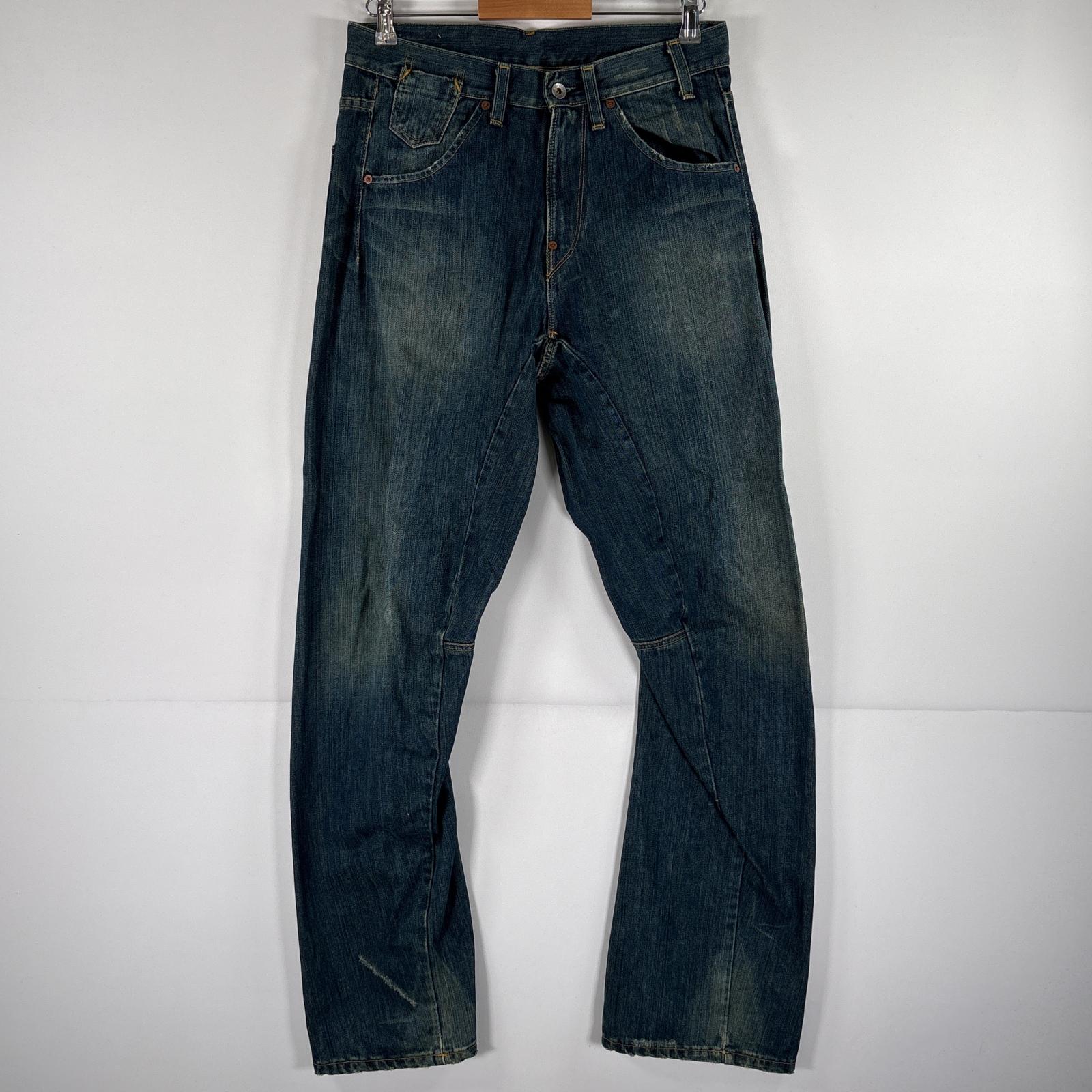 古着 デニムパンツ ダメージ加工 5ポケット ヒゲ 色落ち ジーパン ジーンズ w32 L34 ブルー系 メンズ